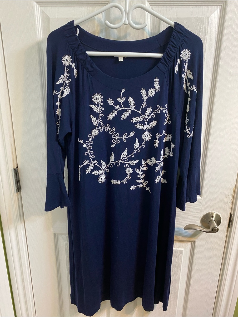 Spense Embroidery Long Flare Sleeve Statement Dress Navy Blue Womens Size Large